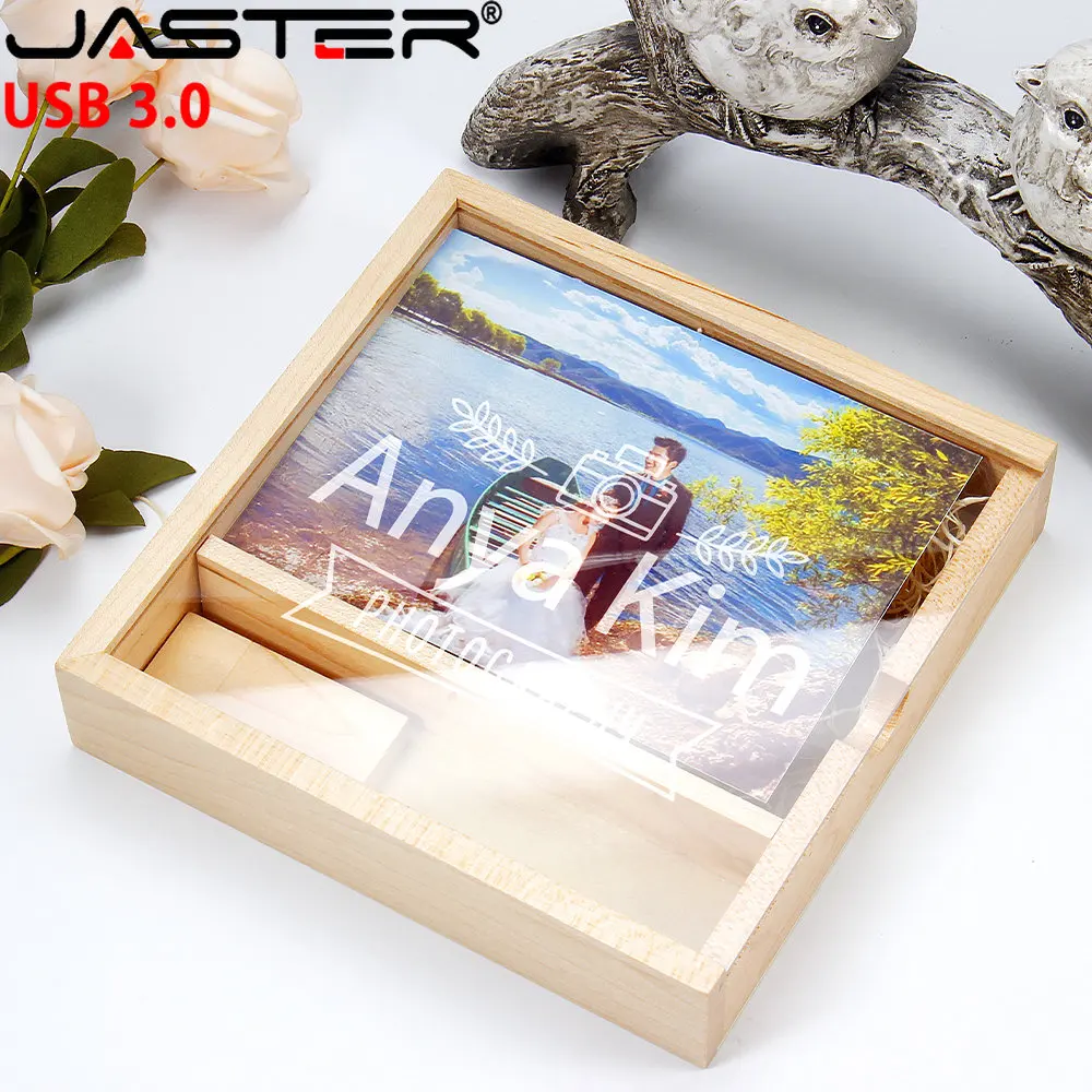 

JASTER Wooden Box USB Flash Drives 128GB Creative Photography Wedding Gift 3.0 Memory Stick 64GB Laser Engraving Pen Drive 32G