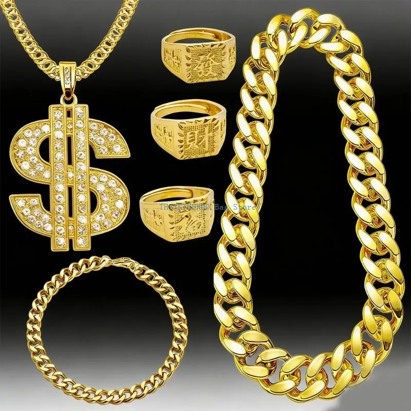 

340D 80s Hiphop Styles Bold Chain Rings Necklace Jewelry Set For Men And Women Unisex Fashion Cosplay Party Accessories