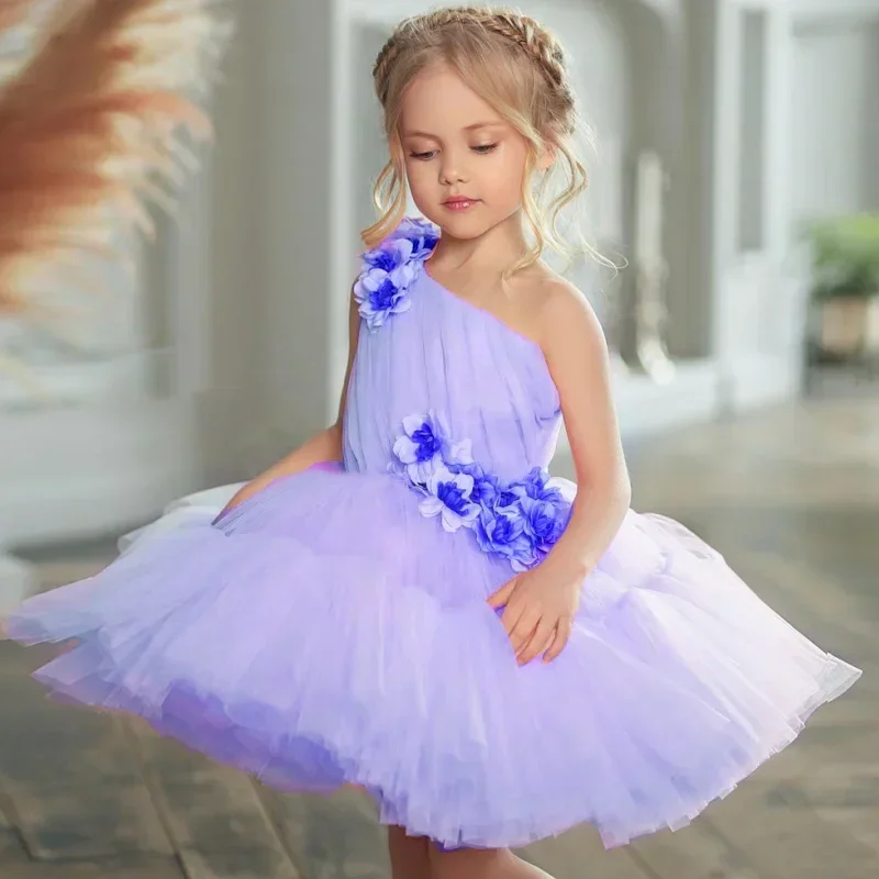 Custom Pink Tulle Puffy With 3D Flowers Single Shoulder For Wedding Birthday Party Banquet Princess Gowns Flower Girl Dresses
