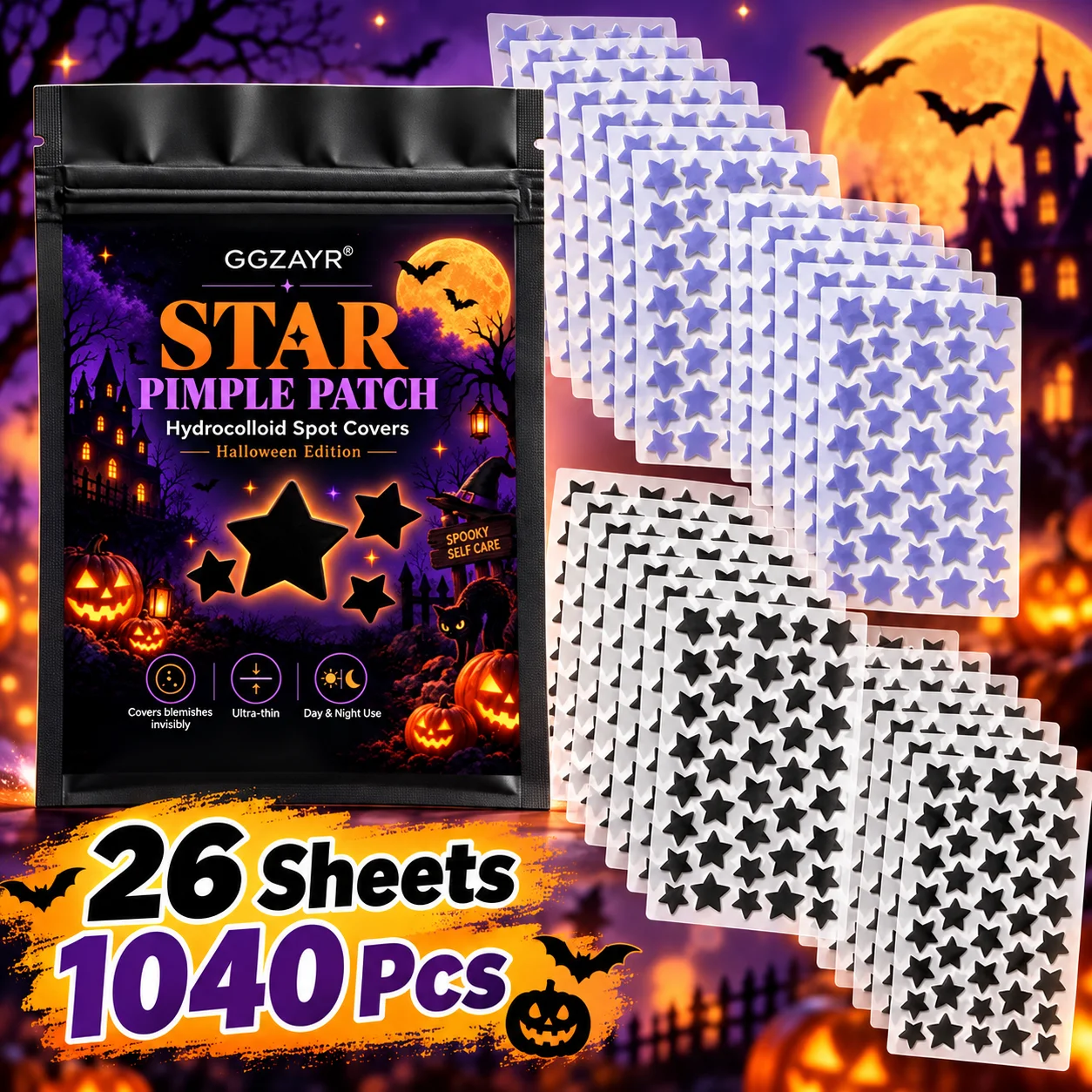 1040PCS Halloween Star Pimple Patch Set, Hydrocolloid Shape Stickers, Black Purple Star Spot Cover Beauty Accessories