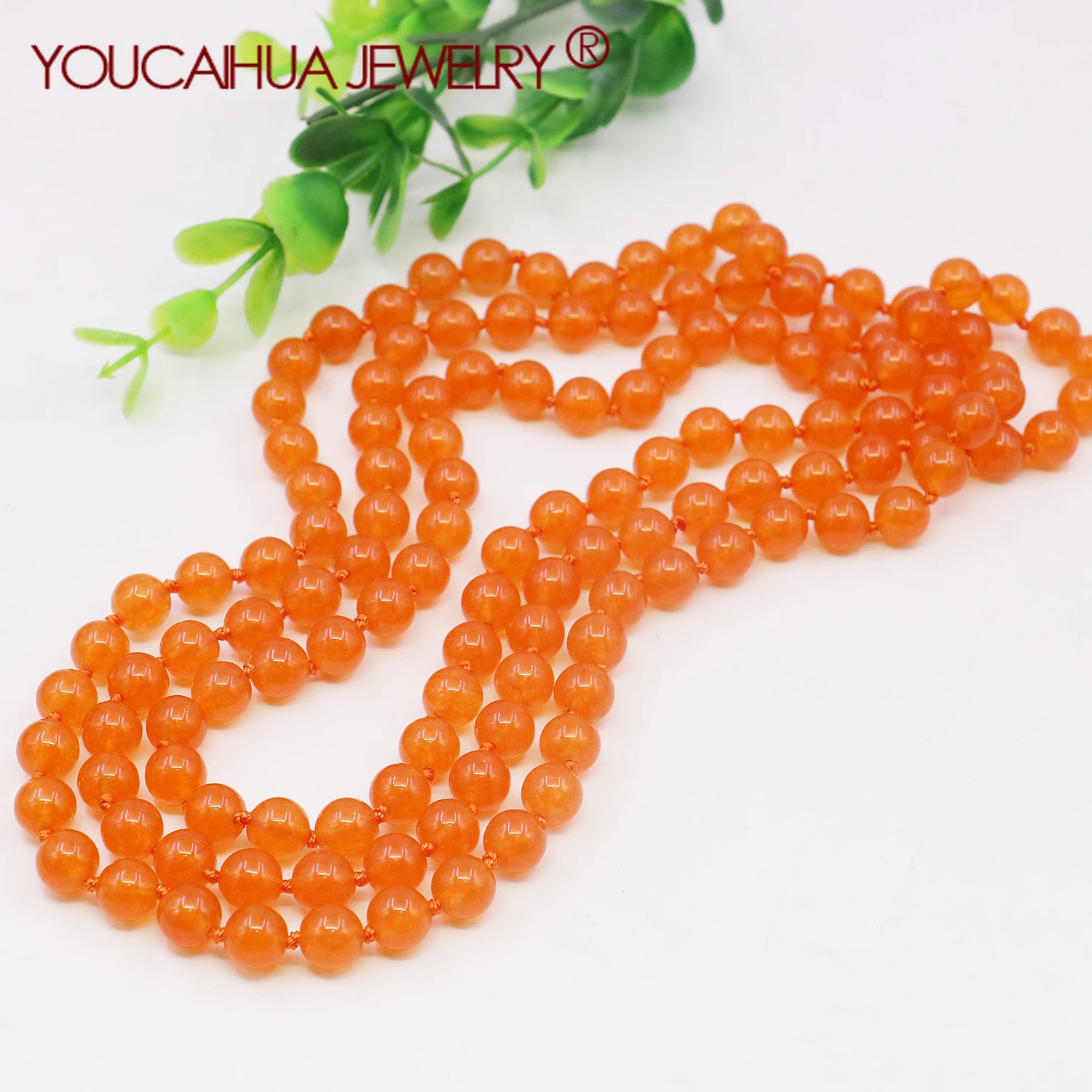 8mm Natural Orange Chalcedony Round Bead Stone Long Necklace/earring Set,Fashionable Transparent Gemstone Gift for Women,50Inch