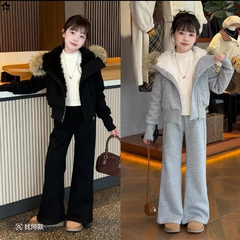 

Girls' Sporty and Casual Set, Hooded Fleece-lined Winter Sweatshirt Set, Fashionable Fitted Flare Pants, Suitable for Big Kids