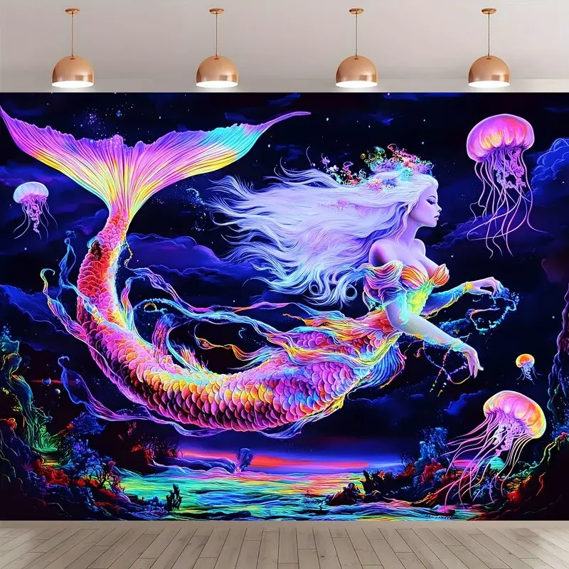 VIKAMA Wall Tapestry Psychedelic Neon Mermaid Tapestry Black Light Lamp Ocean Print Hanging Cloth Living Room Room