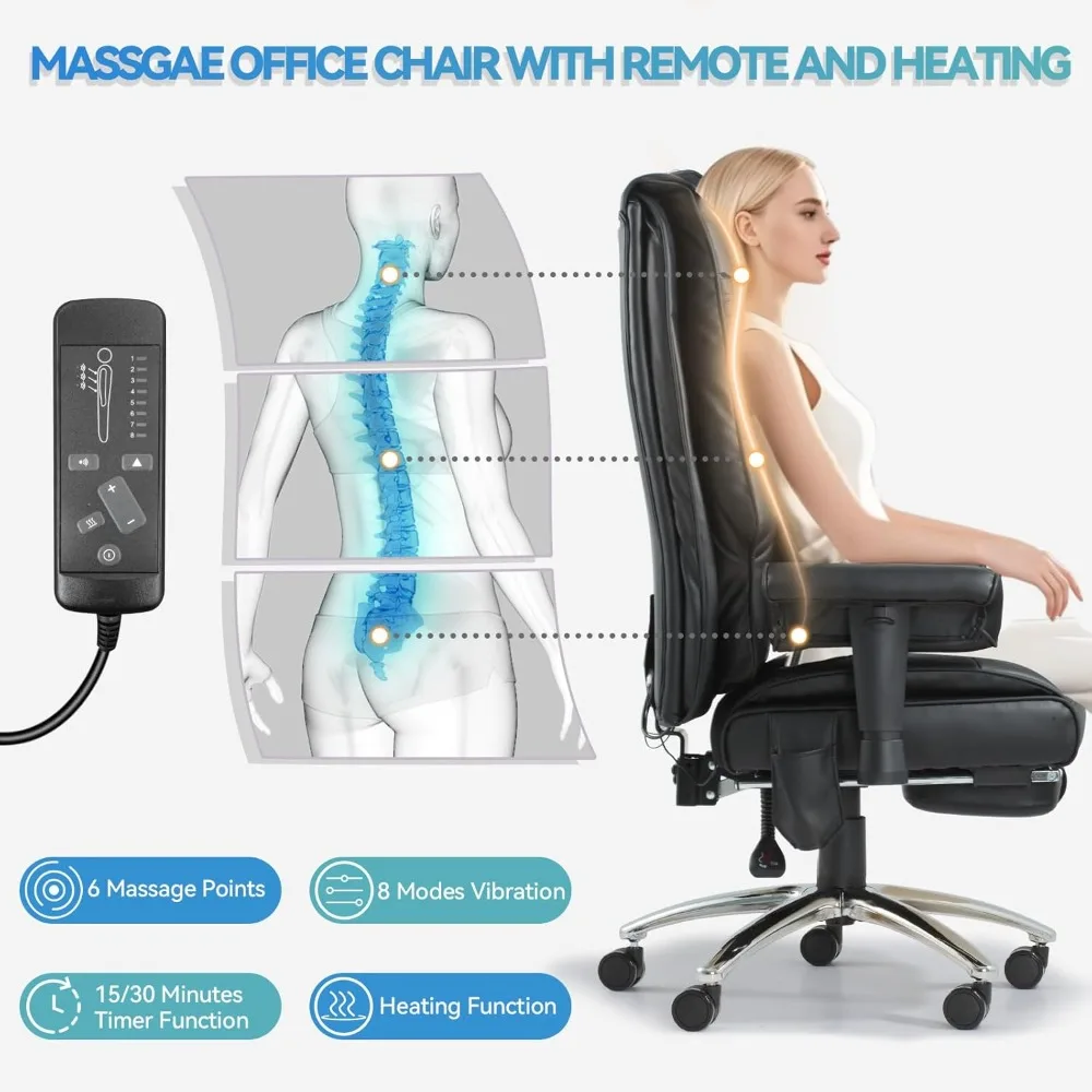 كرسي مكتب كبير وطويل مع 6 نقاط للتدليك والتدفئة، كرسي مكتب مستلق مع مسند للقدمين #4