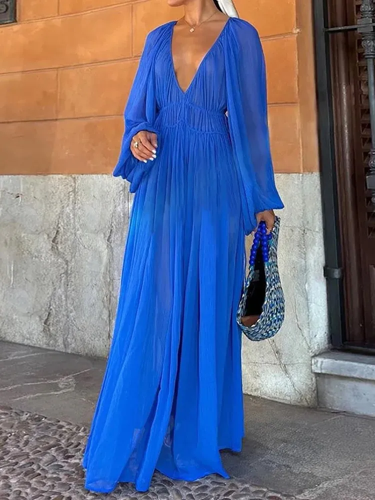 Abito da festa plissettato con scollo a V profondo sexy Abito lungo Boho a vita alta solido primaverile da donna Nuovo abito maxi con orlo a maniche lunghe autunnale