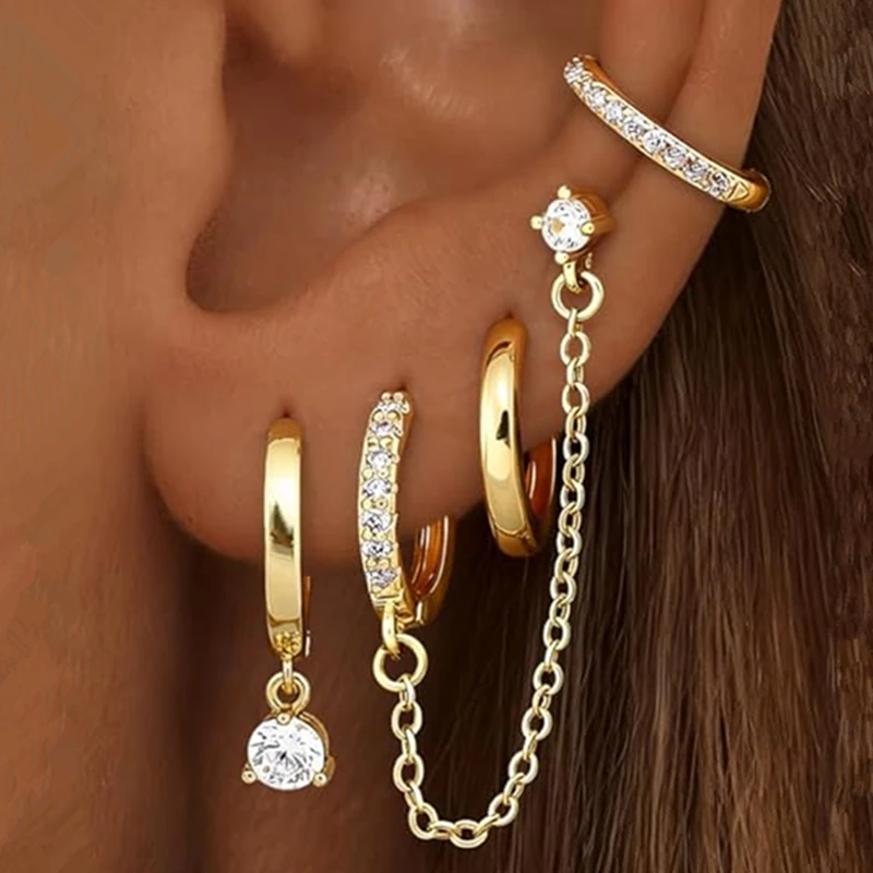 4PC Chain Huggie Earring Set Voor Vrouwen Mode Bloem Tragus Hoepel Oorbellen Bulk Kraakbeen Piercing Helix Sieraden Kwab Earing Lot