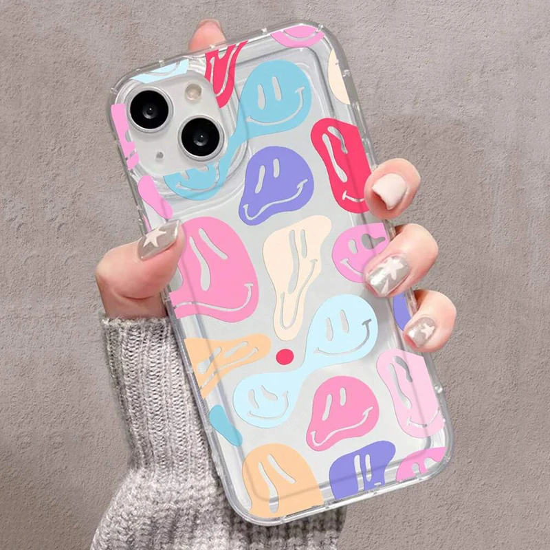 Transparent Happy Face Expression Antifall Phone Case For iPhone 16 15 14 13 12 11 Pro Max X XS XR MiNi 7 8 Plus SE2 Clear Cover