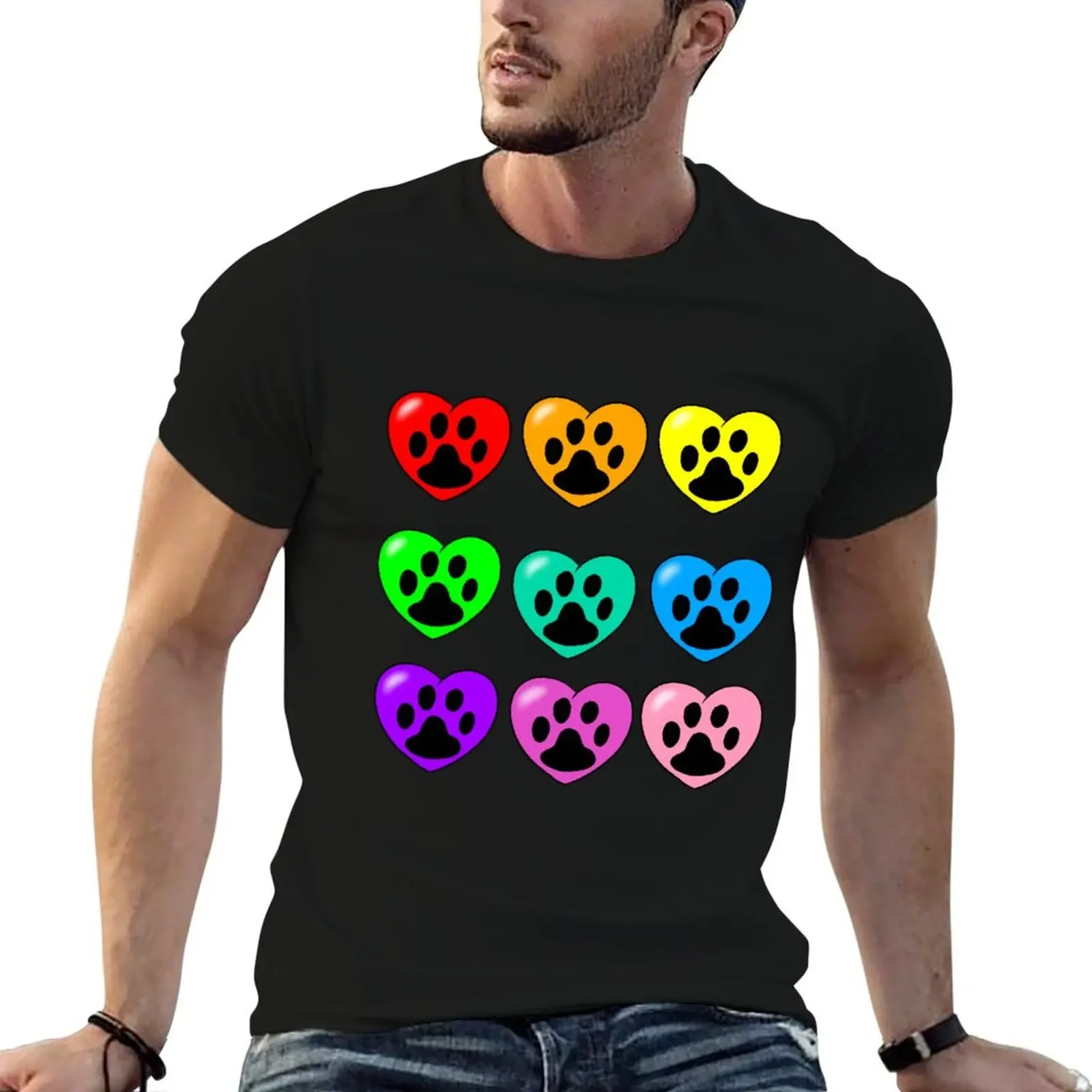 Rainbow paw print hearts T-Shirt quick-drying Short sleeve tee korean fashion sublime mens clothing