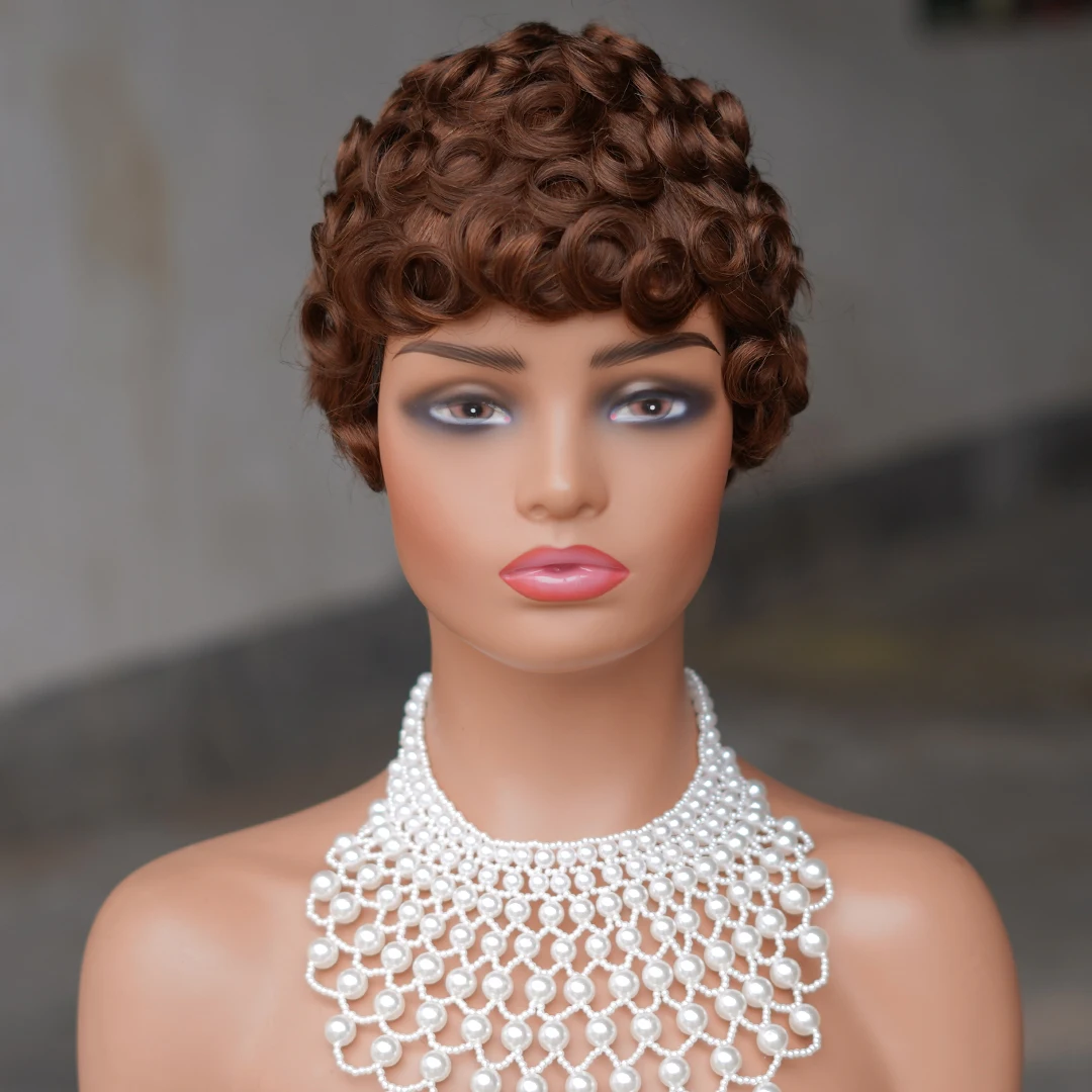 Farbe P427 Echthaar Lockige Pixie-Cut Kurzhaarperücken für Frauen 150% Dichte 6 Zoll Remy-Haar Vollständig maschinell gefertigte Perücken – Detail 6