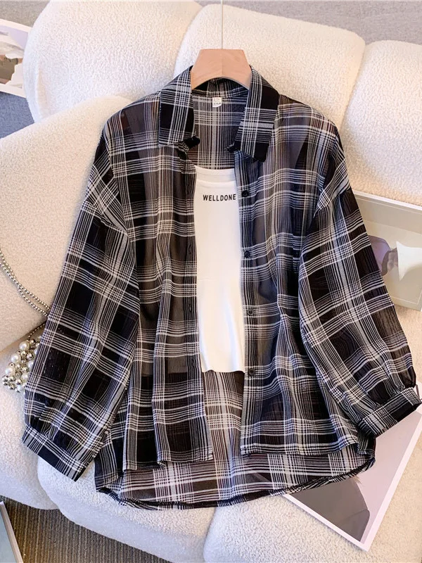 

Women's Summer Ice Silk Loose Fit Breathable Sun Protection irt Thin Outerwear Long Sve Collar Printed Casual irt