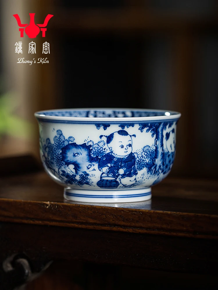 Zhongjia Tea Pure Hand Painted Antique Chai Kiln Blue And White Stove Childlike Fishing Master Cu Single