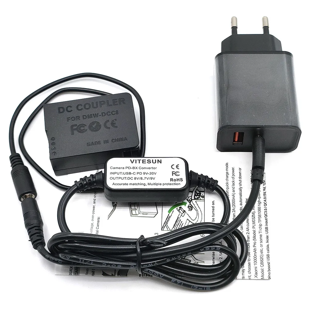 

Зарядное устройство PD Кабель питания USB Type-C + соединитель постоянного тока DCC8 DMW-BLC12 Фиктивный аккумулятор для Lumix DMC-GX8 FZ300 FZ200 G81 G85 GH2 GH2K DC-G97