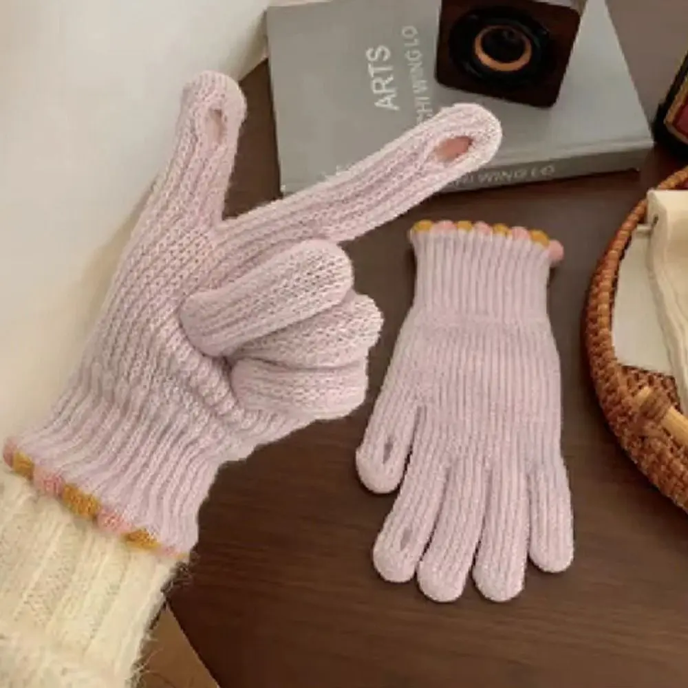 Guantes de punto con forro polar para estudiantes, guantes de ciclismo gruesos a prueba de viento, guantes de invierno sin dedos de Color sólido para ciclismo