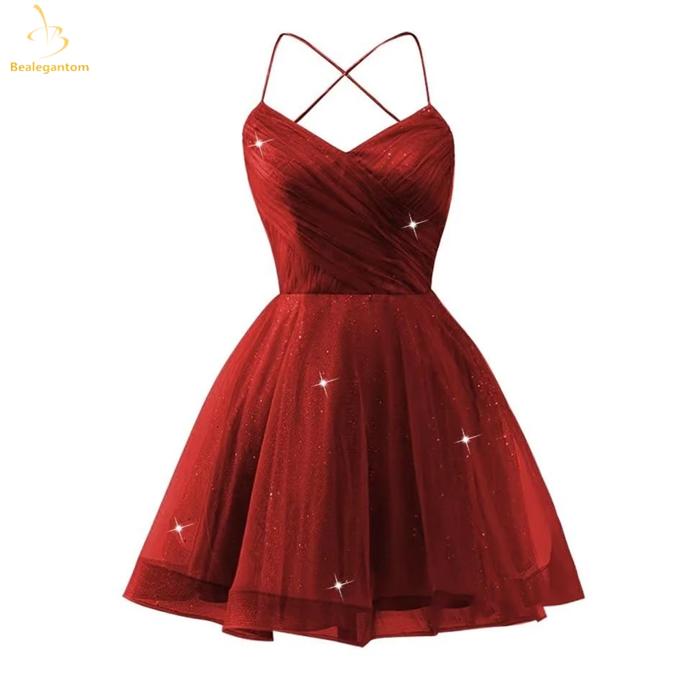 

Bealegantom Sexy Glitter Short Spaghetti Strap Homecoming Dresses Organza Mini Graudation Cocktail Formal Prom Party Gown