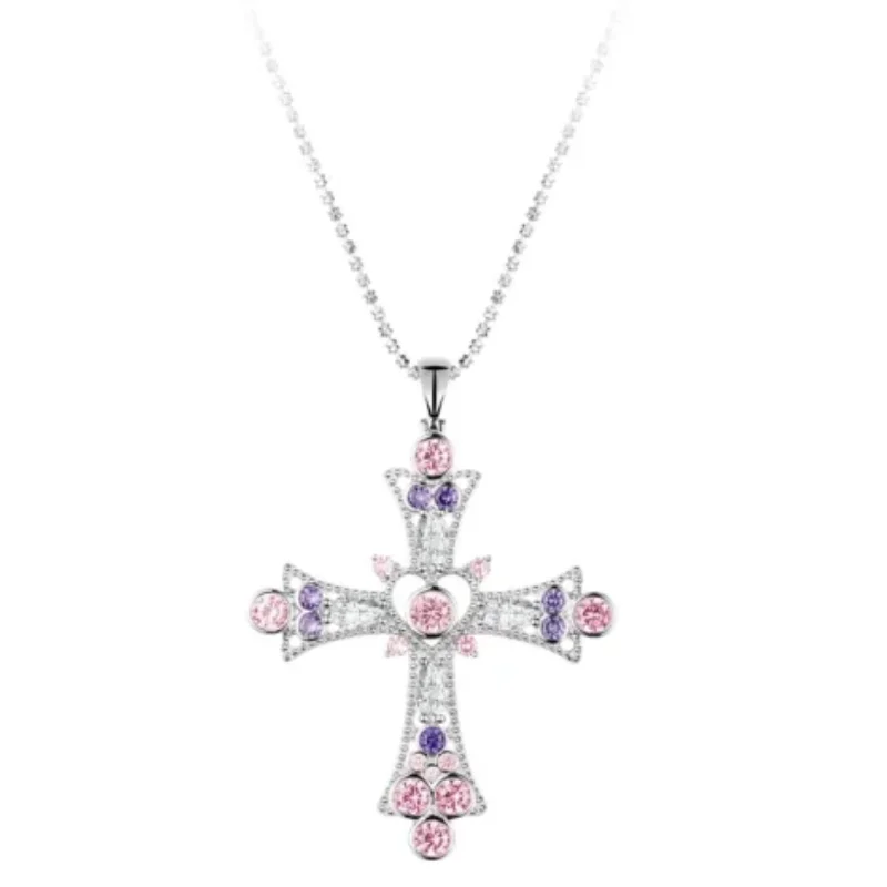 

Bellux 925 Silver Synthetic Zircon Pendant Cute Girls Pink Peach Heart Hollow Cross Necklace