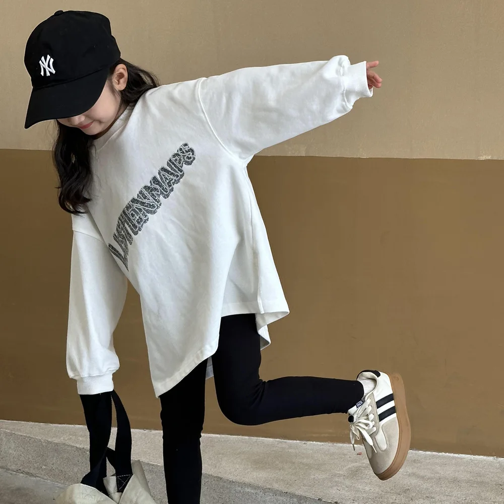 

Girls Undershirt Spring and Autumn 2024 New Children Long-sleeved T-shirt Hoodie Loose Spring Clothing Foreign Style White Top