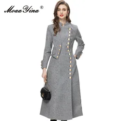 MoaaYina Winter Fashion Designer Silver Vintage Thick Blends Coats Women's Turtleneck Button High Waist Slim Long Blends Coats