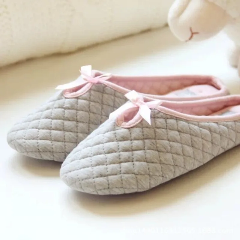 Lovely Bowtie Winter Women Home Slippers For Indoor Bedroom House Soft Bottom Cotton Warm Shoes Adult Guests Flats