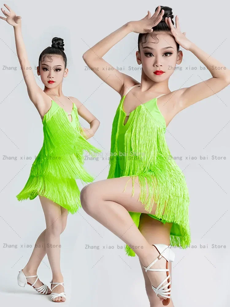Nieuwe Kinderen Latin Dance Dress Meisjes Dance Practice Outfit Latin Dance Jurk Lange Mouw Wedstrijd Rumba Cha Samba Jurk Meisjes