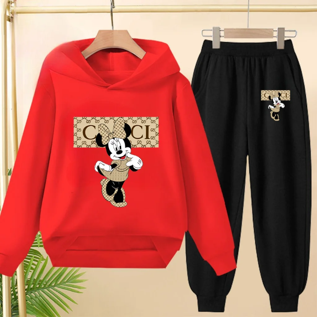 Children Disney Cartoon Minnie Hoodie Sweatshirt+Trousers 2P 3-12Y Boy Girl Spring Autumn Outdoor Casual Coat Sports Jogging Set