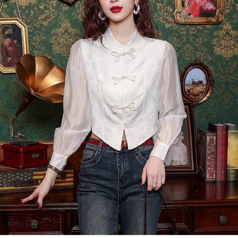 

Chinese Style Button Stand Collar Shirts Women's 2024 Spring Autumn New Patchwork Gauze Long Sleeve Cardigan Short Vintage Tops