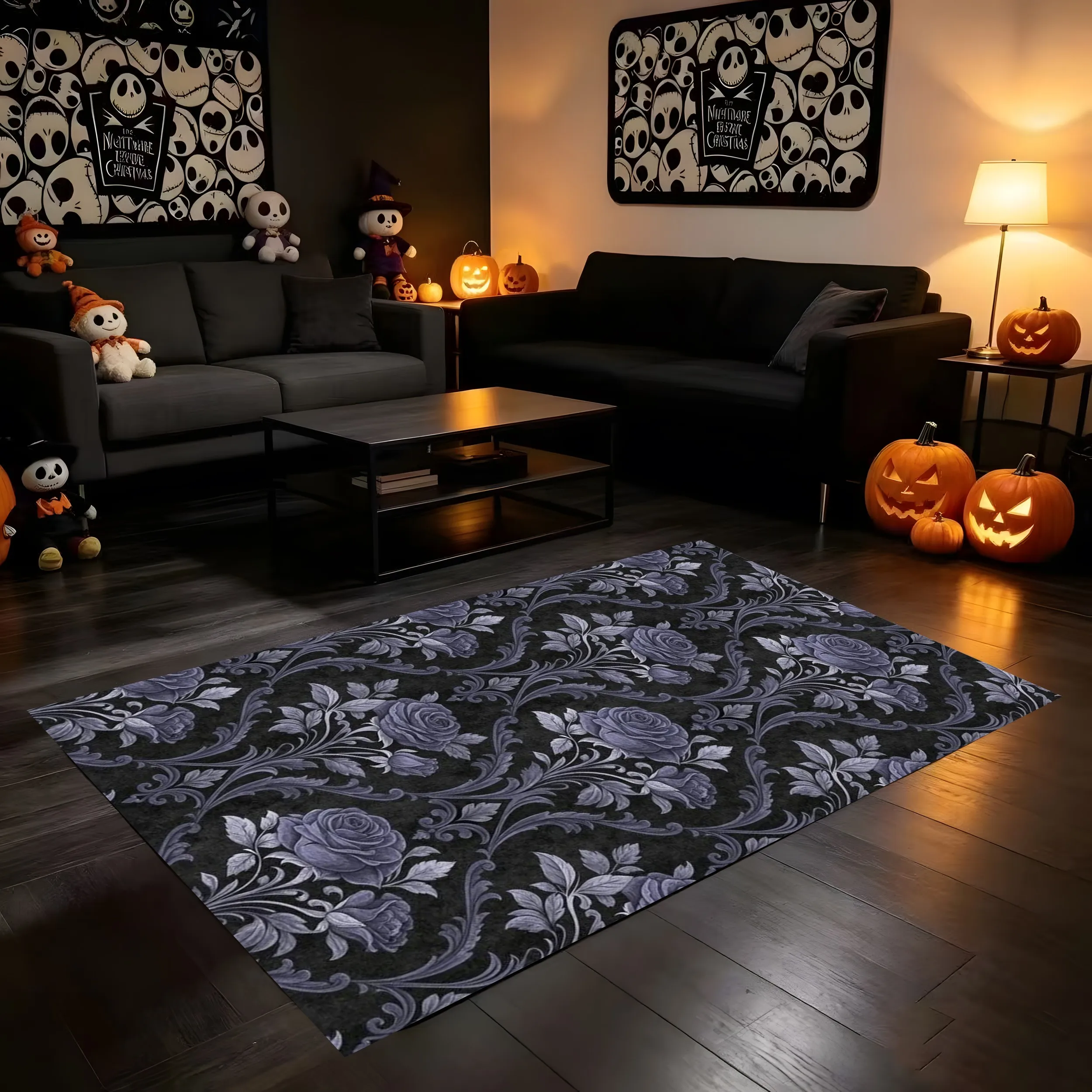 2D Carpet with Ghost Pumpkin and Autumn Leaves Print Cute Soothing Soft Fresh and Joyful Halloween Atmosphere