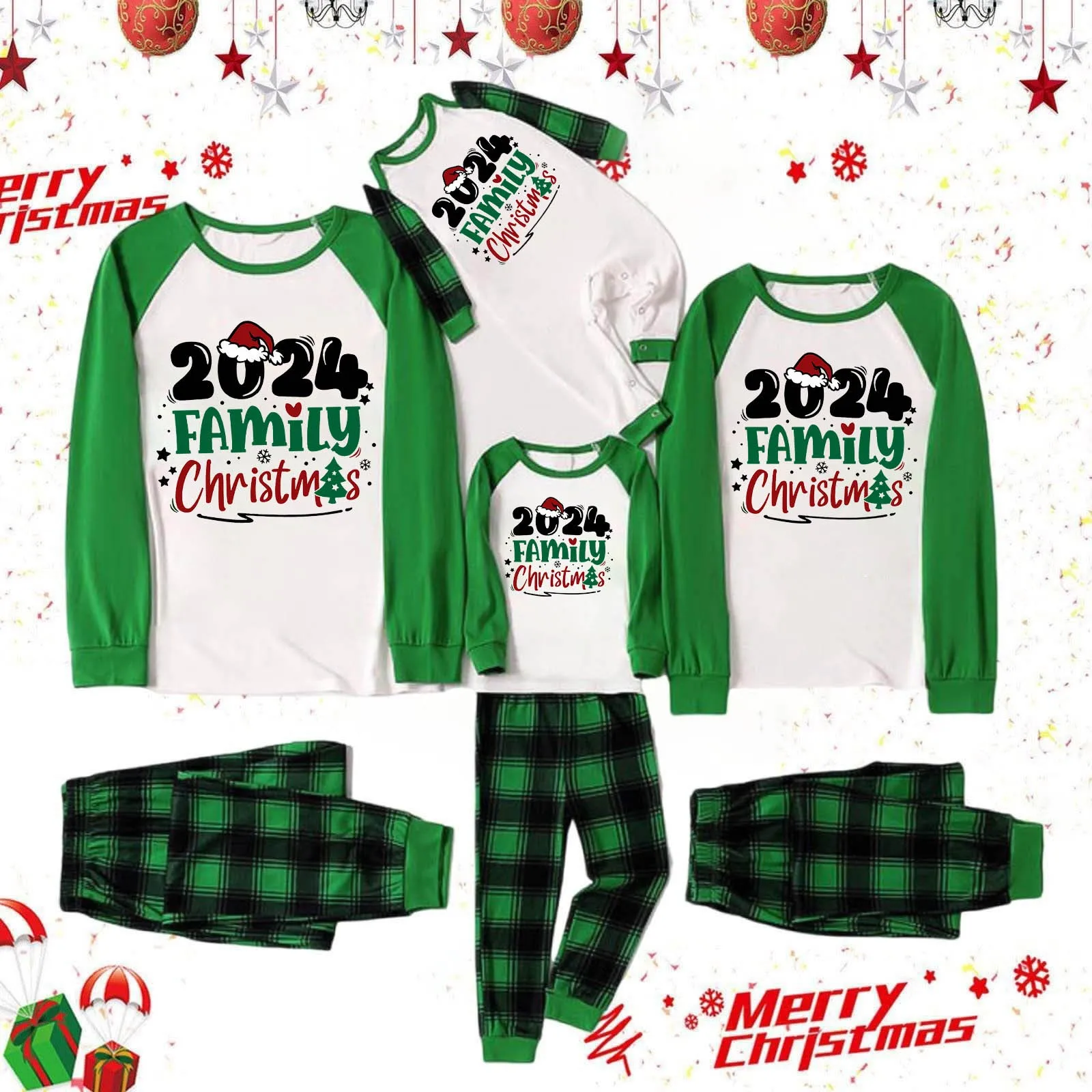 2024 Christmas Cartoon Plaid Print Kids Pajamas Set Xmas Look Cute Soft 2 Pieces Suit Lounge-wear Baby Boys Girls Clothing Sets