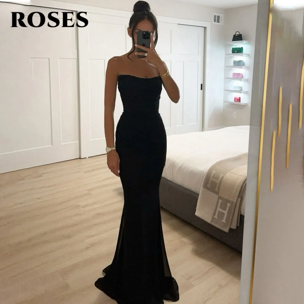 Rosas preto elegante vestido de baile sem alças sem costas vestido de noite cetim sem mangas sereia vestidos de noite para mulher personalizado