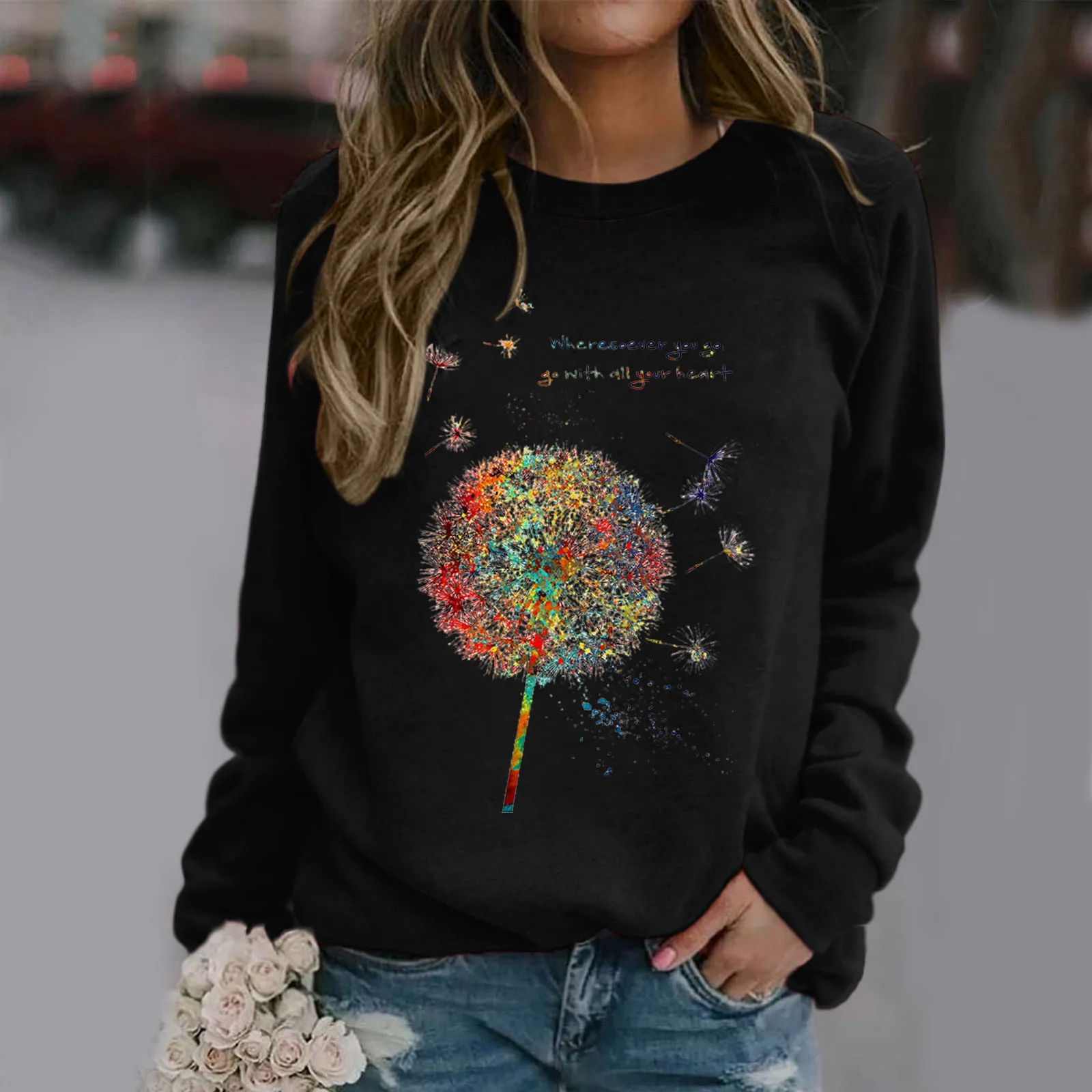 Women's Fashion Top Blouse Dande- Print Long-sleeved Hooded Sweatshirt Casual Fashion Blouse Womens Sweatshirt Long Fleece Tunic