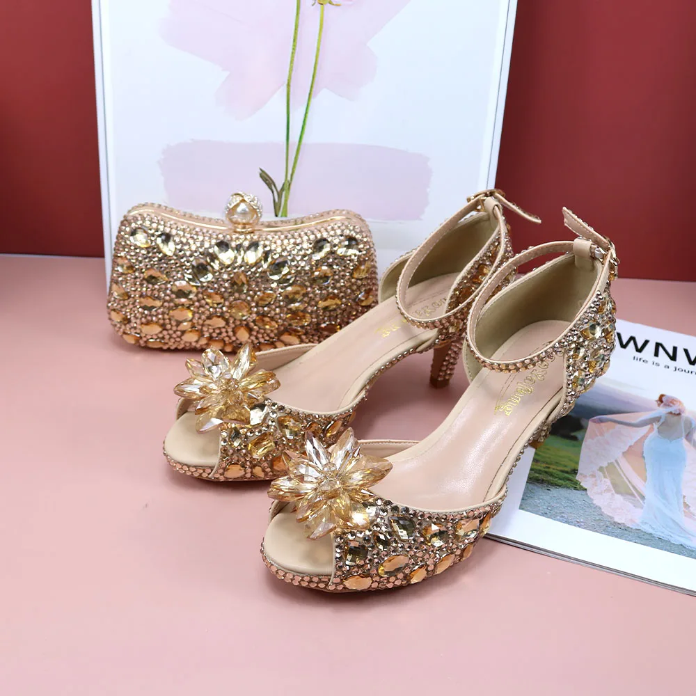 Champagne gold Crystal flower Wedding Bridal shoes with Bag Set Luxury rhinestone Open Toe party dress shoes  Pumps Peep Toe