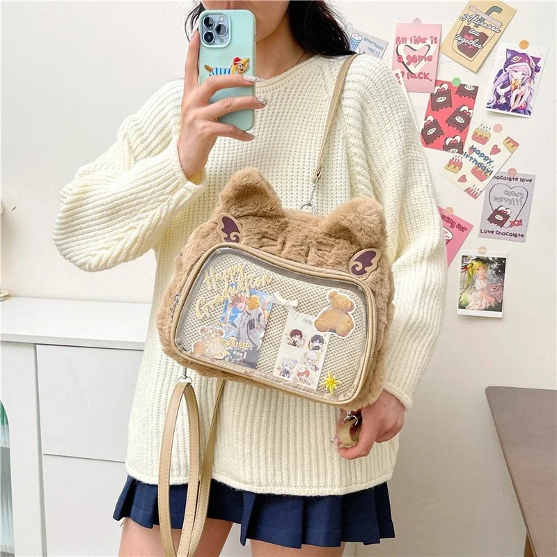 Xiuya Plush Cat Womens Backpack Y2k Fluffy Cute Casual Transparent Ita Bag Fashion Kawaii Japanese Style Lolita Jk Shoulder Bag