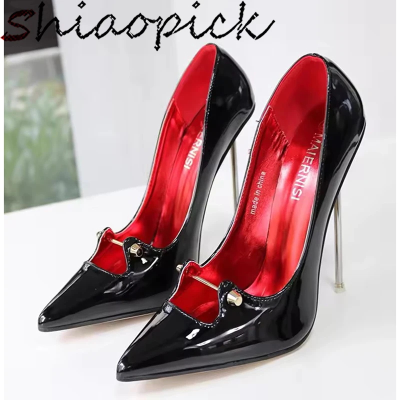 

12cm Metal Pumps Stilettos High Heels Solid Black OL Office Ladies Party Ladies Pointed Toe Man Unisex Black Dress Shoes Size46