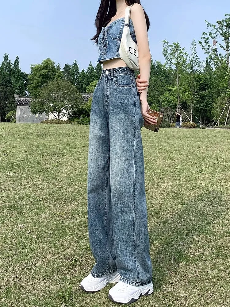 

High Waist Wide Leg Blue Vintage Denim Jeans Women's Fashion Summer 2026 New Style High Waist Straight Cut Floor-Length Pants...