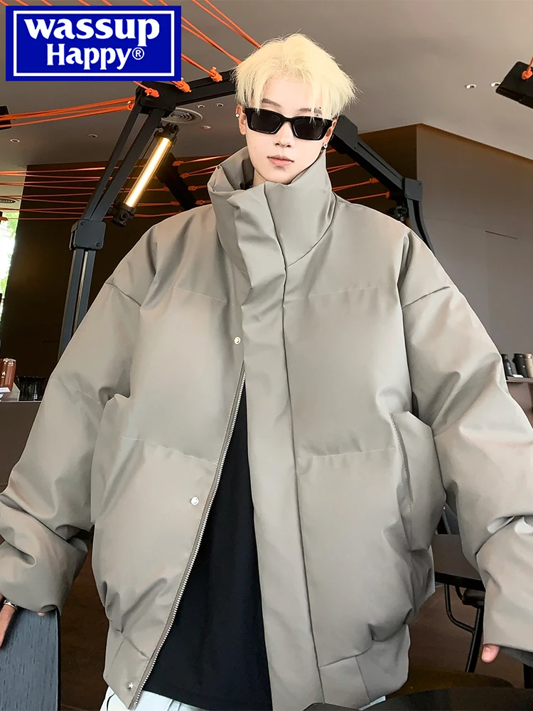 

Wassup Happy Men's Thiened Warm Cotton Jaet Stand Collar Bread Sle Pure Color Winter Coat Trendy Brand Casual Outerwear