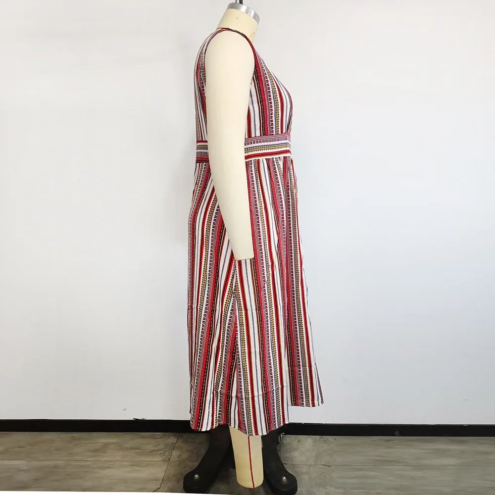 Vestido playero bohemio de talla grande para mujer, ropa Sexy sin mangas con cuello de pico profundo, a rayas, para vacaciones y fiestas, verano, 2023