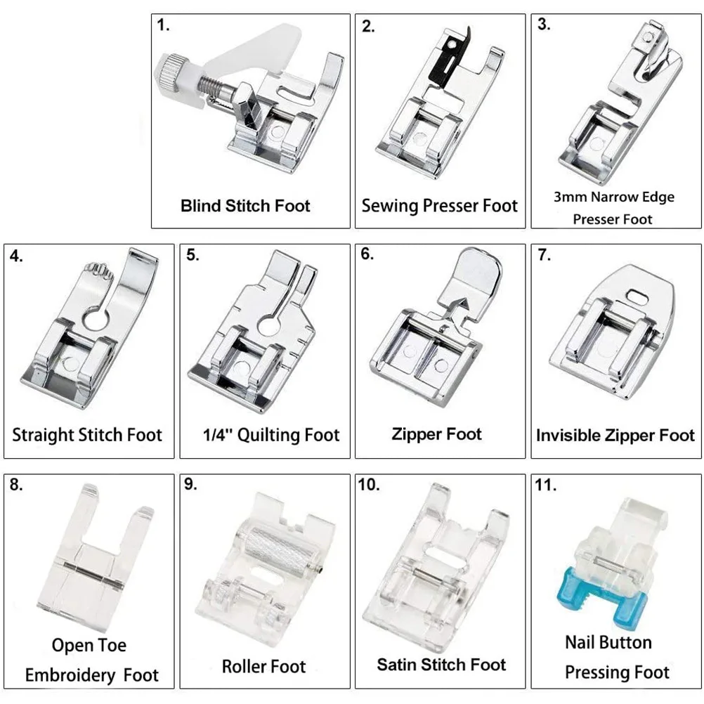 11 قطعة ماكينة خياطة متعددة الوظائف قطعة قدم الضغط في ماكينة الخياطة الفضة للمنزل الحياكة أدوات خياطة متينة ماكينة خياطة