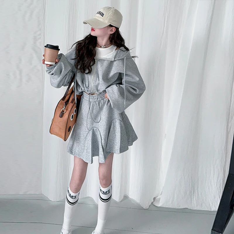 teenager girls grey JK clothes set Letter hooded sweatshirt+Fish tail skirt 2pcs Casual junior kid dress suit child outfits 4-14