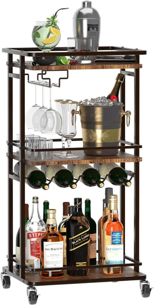 3 Tier Bar Cart for Home, Rolling Mini Liquor Bar Cabinet with Wine Rack and Glass Holder, Home Bar Serving Cart on Wheels