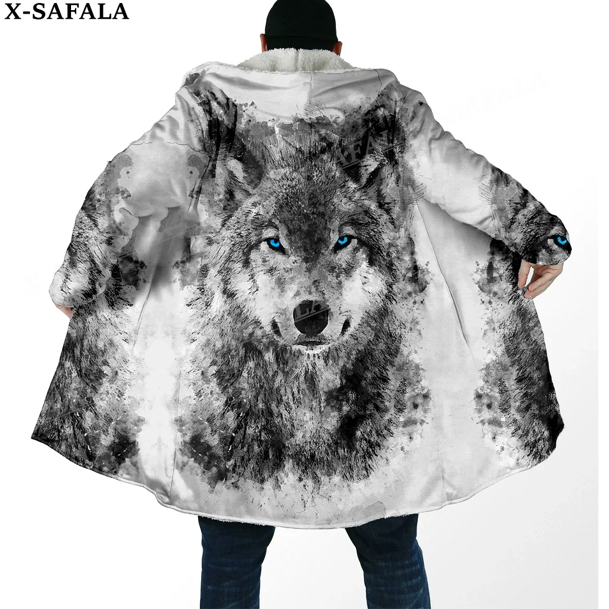 Native Wolf Spirit Totems Arts Thick Warm Hooded Cloak Men Overcoat Coat Windproof Fleece Cape Robe Hooded Blanket-11