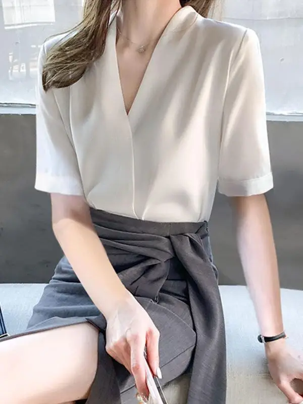 بلوزة Ele Summer White irt النسائية المضادة للتجاعيد ذات ملمس راقي من الشيفون V-Ne Profional ort Sve #2