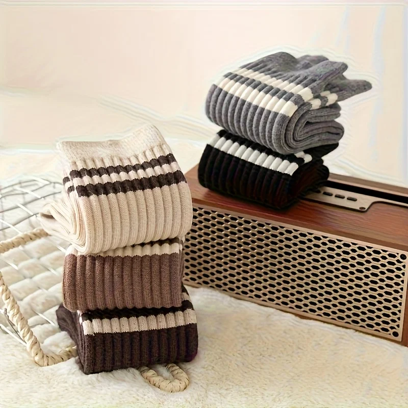 3 Paar Four Seasons Damen-Socken mit vertikaler Stange, verdickt, Retro, schlicht, modisch, gestreift, vielseitig, weich und bequem, warm, lange Socken – Detail 5