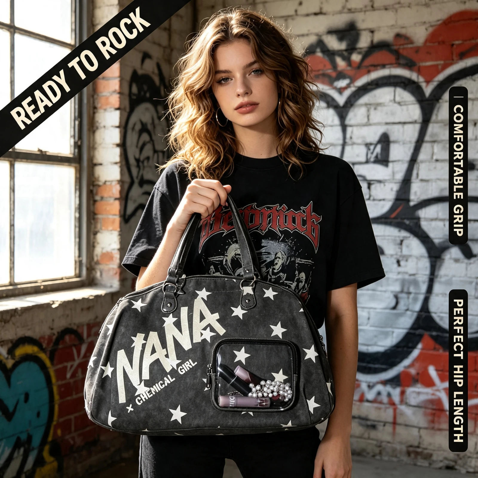 Large Capacity Star Print Bowling Bag NANAS Punk Shoulder Tote Crossbody, Itabag Chemical Girl Duffle, Travel Handbag Gift Women
