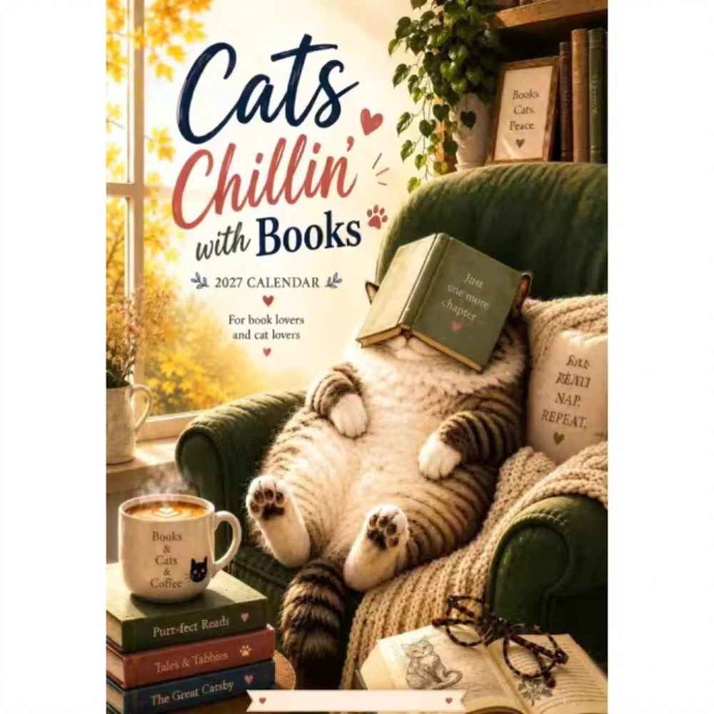 2027 Cat Reading Desk Calendar Paper Planner Organizer Decorative Art Stationery For Office Home Study Bedroom