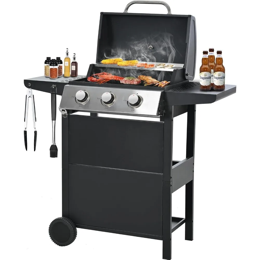 

Gas Grill with 2 Side Shelves, Outdoor Patio 3 Burner Propane BBQ Grill with 2 Wheels, Lid and Bottle Opener