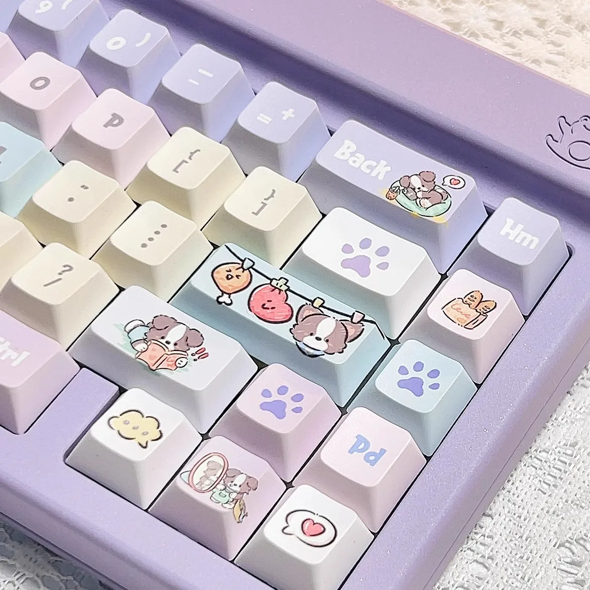 Filhote de cachorro Border Collie Keycap bonito, Lavanda Nota Piano Key, Macaron Azul Roxo, PBT Cereja, Candy Color, 141Key
