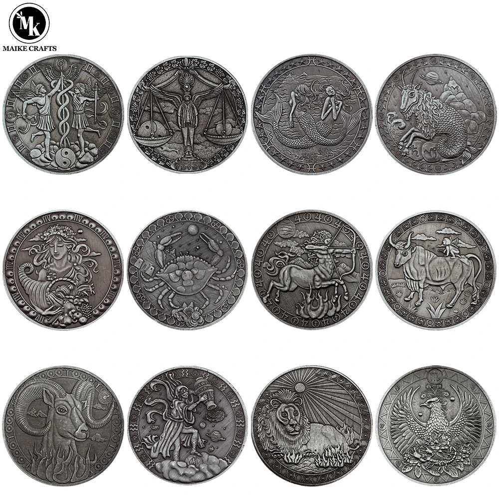 12pcs/set Twelve Constellations Commemorative Coin Metal Vintage Silver Plated Lucky Coin Collection Holiday Gift