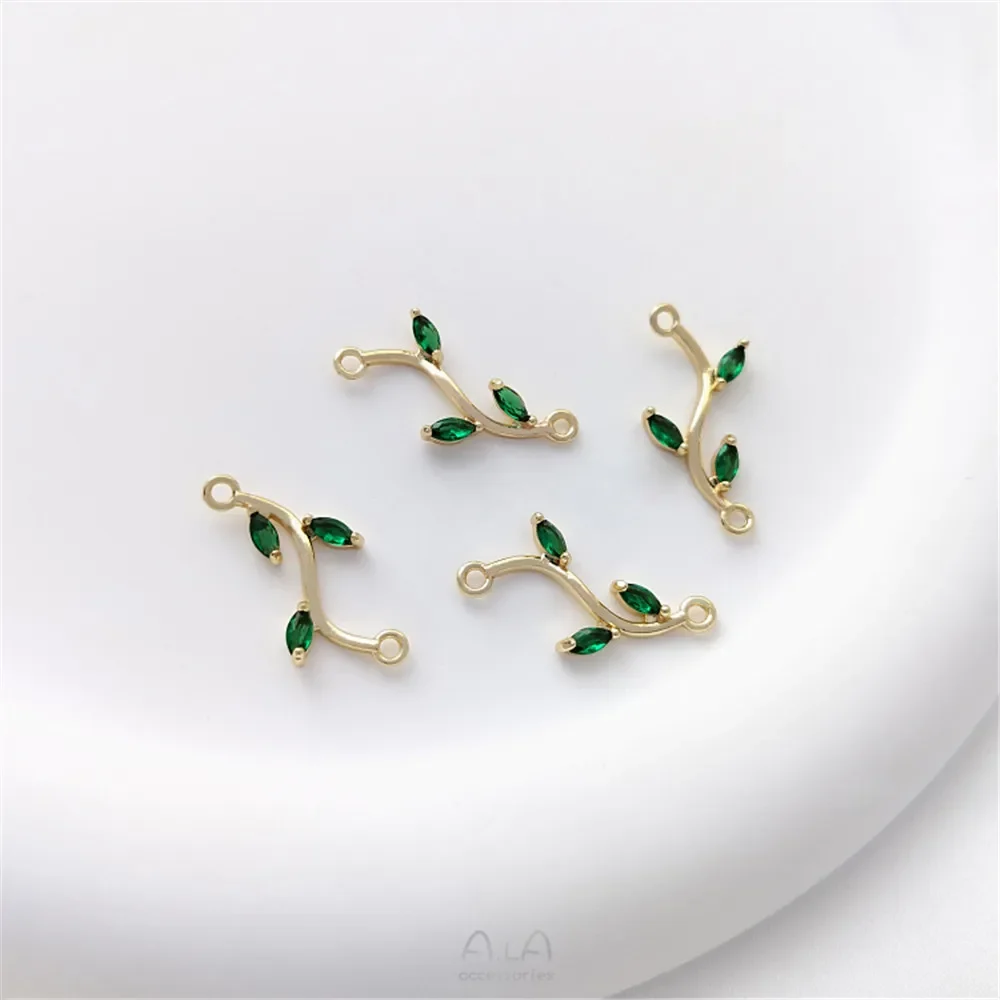 

14K Gold-coated Double Hanging Branches Rose Green Zirconium Leaves Diy Bracelet Hanging Earrings Tassel Pendant Accessories