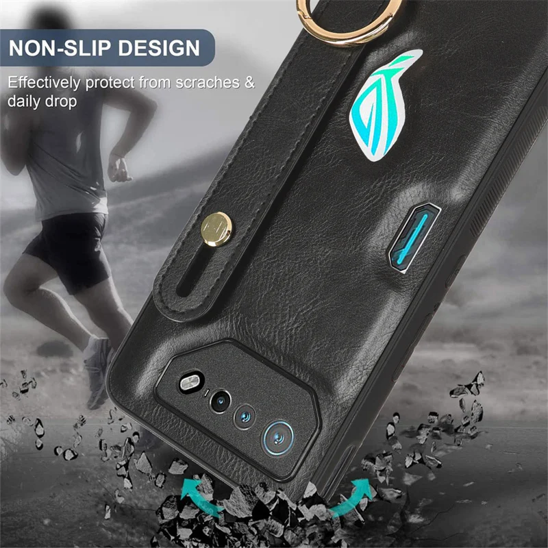 Wrist Strap Holder Luxury Skin Cow Case For Asus Rog Phone 7 ROG 7 Metal Ring with Tripod Lanyard Full Protection Phone Cover