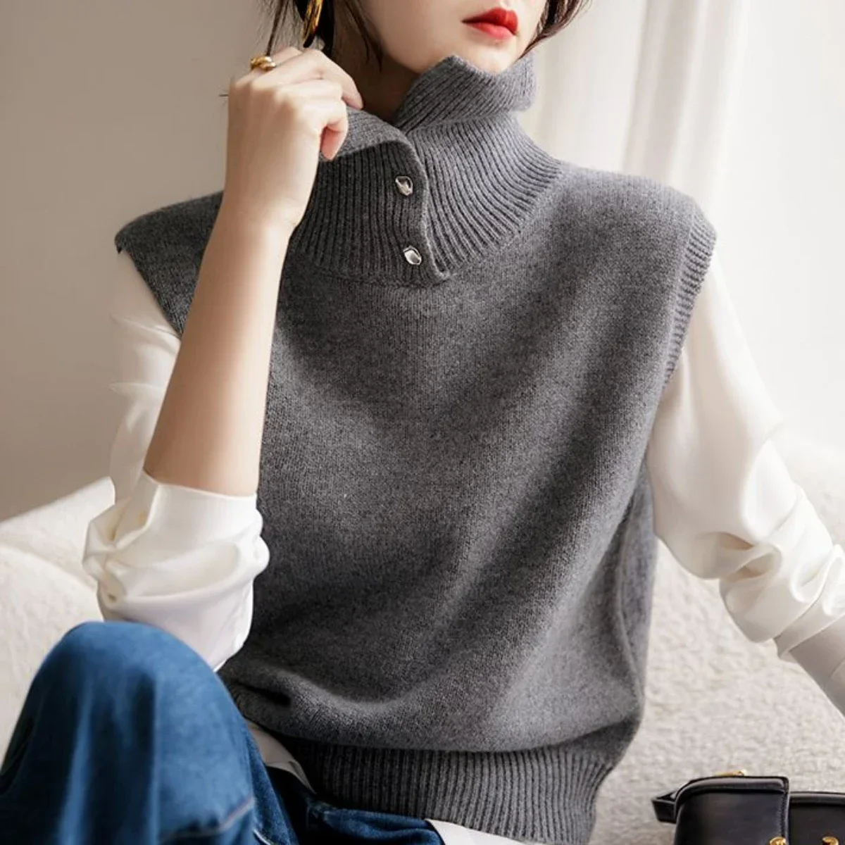 Winter Button Ladies Sweaters Grey Knitted Top for Women Gigh Neck Jerseys Vest Turtleneck Autumn 2024 Cold Jumper Korean Luxury