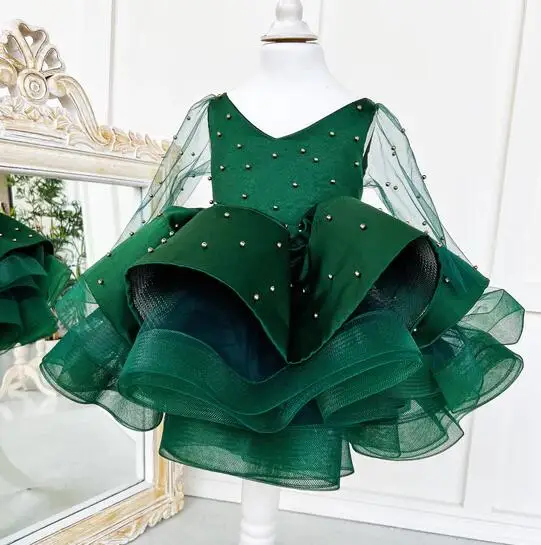 Glitter Pearls Flower Girl Dress Emerald Satin Organza Princess Puffy Girl Birthday Gown Christmas Dress Sparkly Kid's Gown